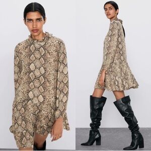 ZARA Snake Print Long Sleeve Tiered Mini Dress